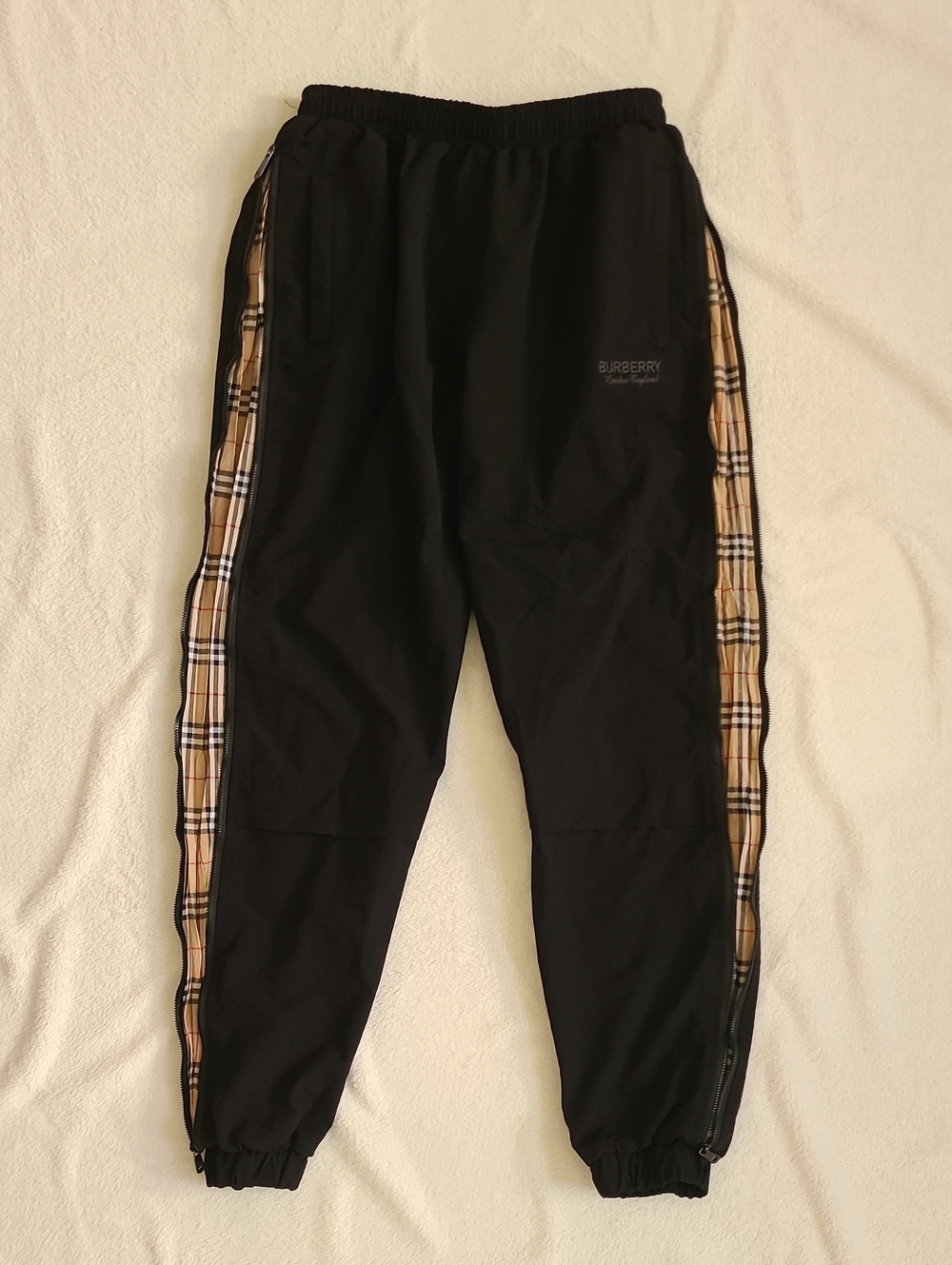 Burberry Black Joggers Beige Check Side Zip Panels Large Nylon Men Pants Luxury
